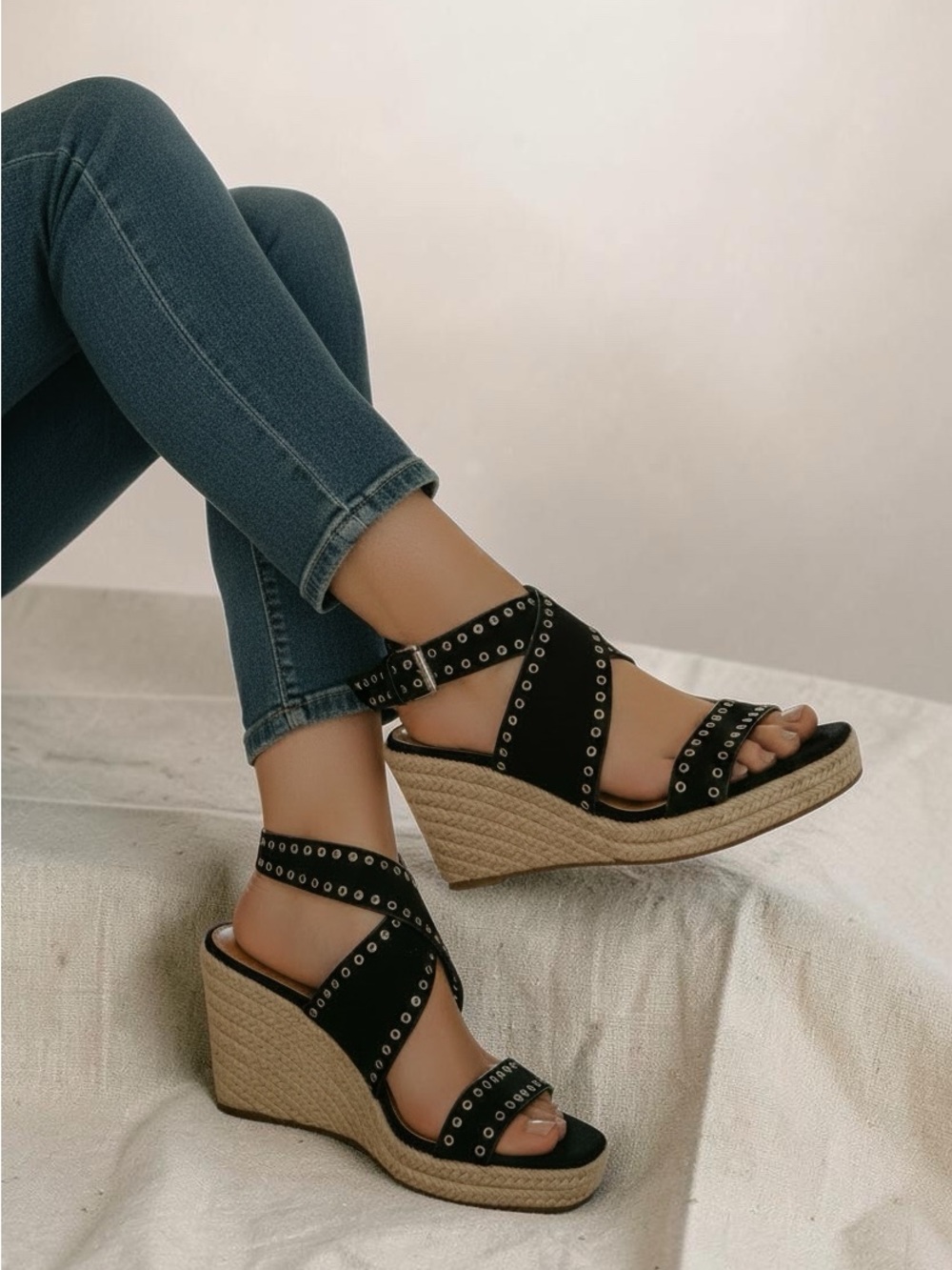 NEW Rebecca Minkoff Gemma Grommet Espadrille Wedge Sandal in Black Size 9.5